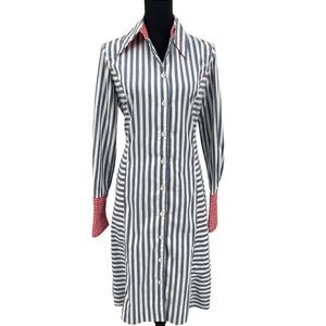 Vintage 70s Serbin Blue‎ White Striped Shirt Dress Red White Gingham Details Med